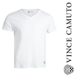 Vince Camuto 3-Pack Men’s V-Neck T-Shirts – 100% Cotton White Logo Tee – Size Sm